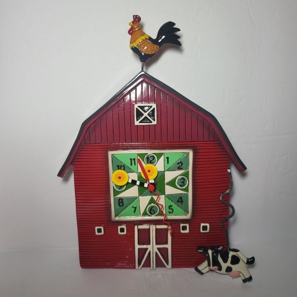 Allen Designs Red Barn Yard Wall Clock Cow Shaped Swinging Pendulum - Picture 4 of 16